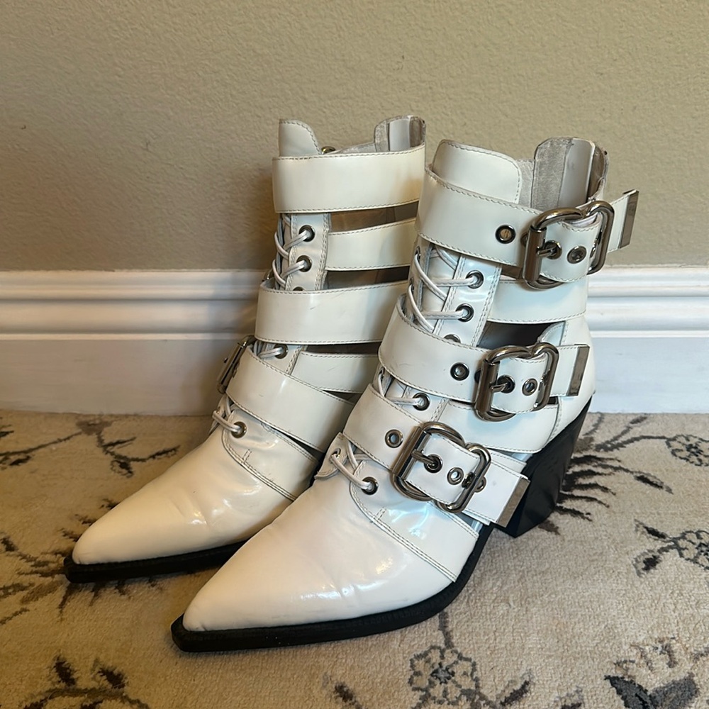 Jeffrey Campbell White Pointy Heel Boots with Straps & silver buckles